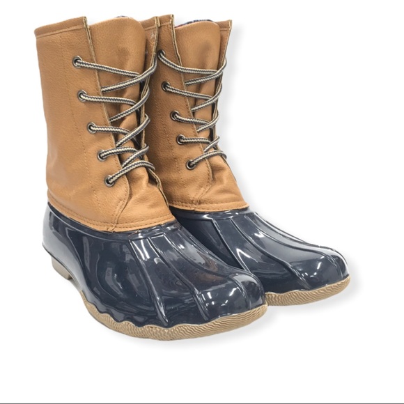 Navy Blue Tan Duck Boots Plaid Lining Size 9 - Picture 7 of 12